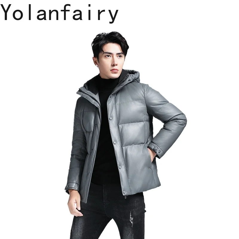 

YOLANFAIRY Genuine Sheepskin Leather Jacket Man Hooded Winter Warm Goose Down Coats Quality Real Leather Puffer Coats Jackets