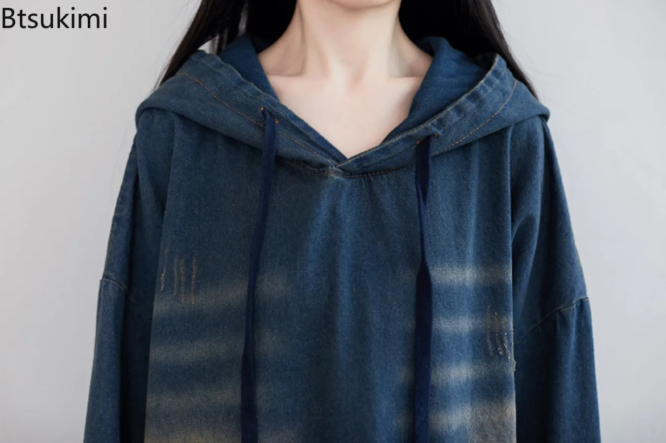 Spring Autumn New Women's Vintage Denim Hooded Long Dress Loose Casual Big Pockets Hoodies Women Sweatshirts Hip Hop Streetwear