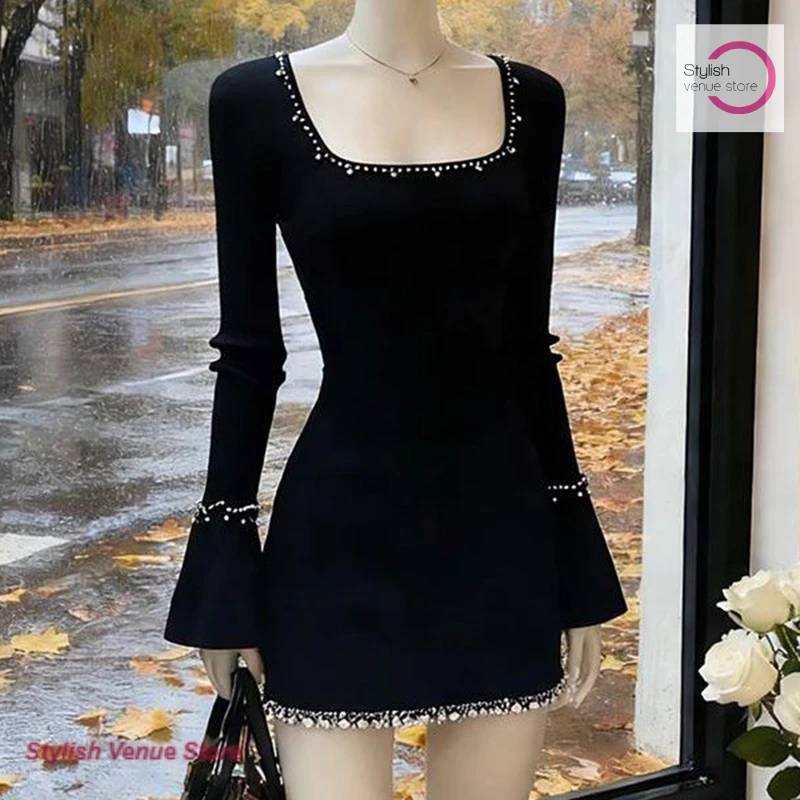 

French gentle fashion sweet luxury high-grade dress female spring and summer new short small fragrance black hip skirt.