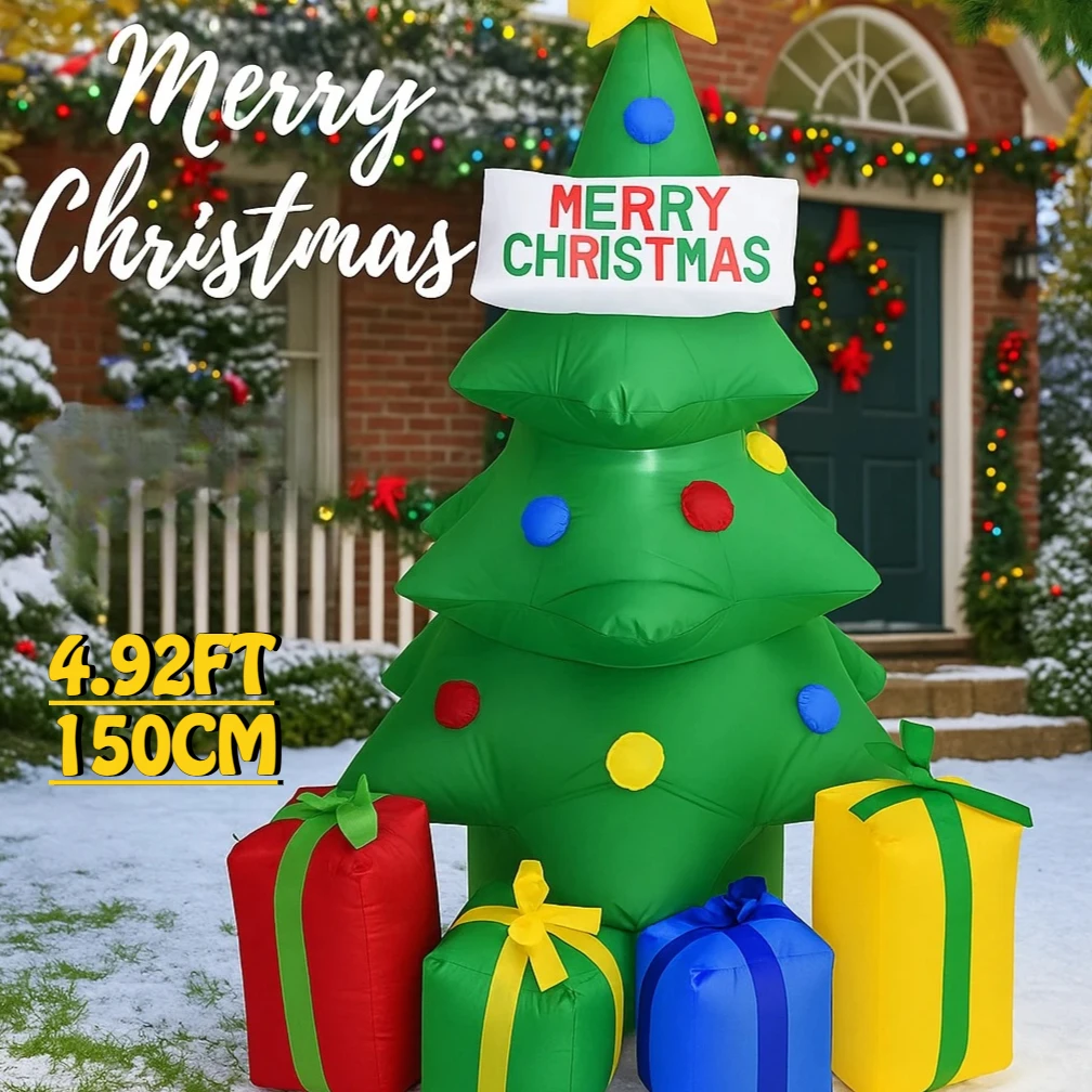 4.92FT العملاق لعبة قابلة للنفخ علب الهدايا شجرة عيد الميلاد LED أضواء زينة عيد الميلاد لمستلزمات ساحة المنزل الحلي هدايا العيد