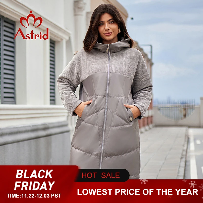 Astrid-Parka longue rembourrée à capuche pour femme, veste matelassurera décontractée, vêtements féminins, épissé combiné, grande taille, chaud, automne, hiver