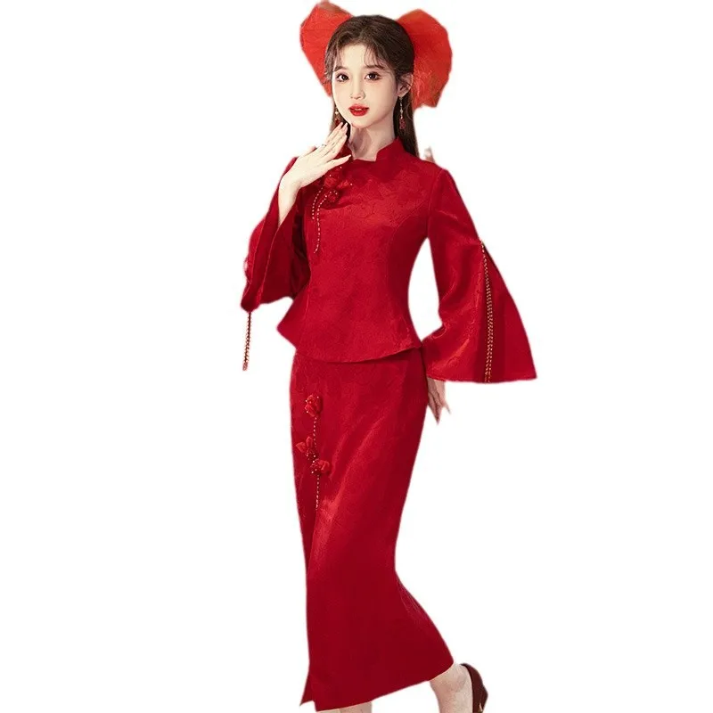 2024 New Engagement Red Cheongsam Bride Two-Piece Toast Dress Chinese Style out of Court Wedding Family Visiting Shoes Women