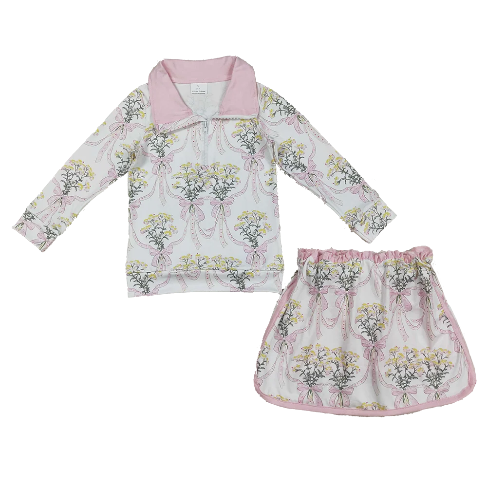 

8.15 Wholesale hot sale Western Boutique children clothing Baby Girls Pink Bows Flowers Plaid Half Zip Pullpvers Skorts Set