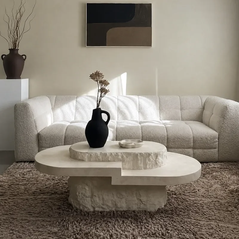 Roman Wabi Sabi Oval Fiberglass Coffee Table Stone Pattern Side Table for Living Room Modern Minimalist Home Furniture