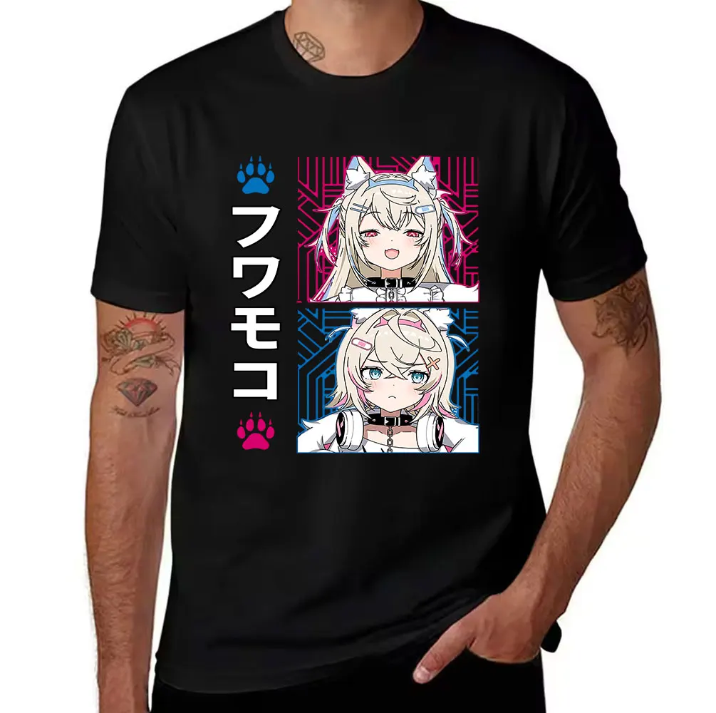 Men's Cotton T-shirt, Anime Fuwamoco Fox Girl Print, Casual Short Sleeve Tee for Anime Fans, Streetwear Style