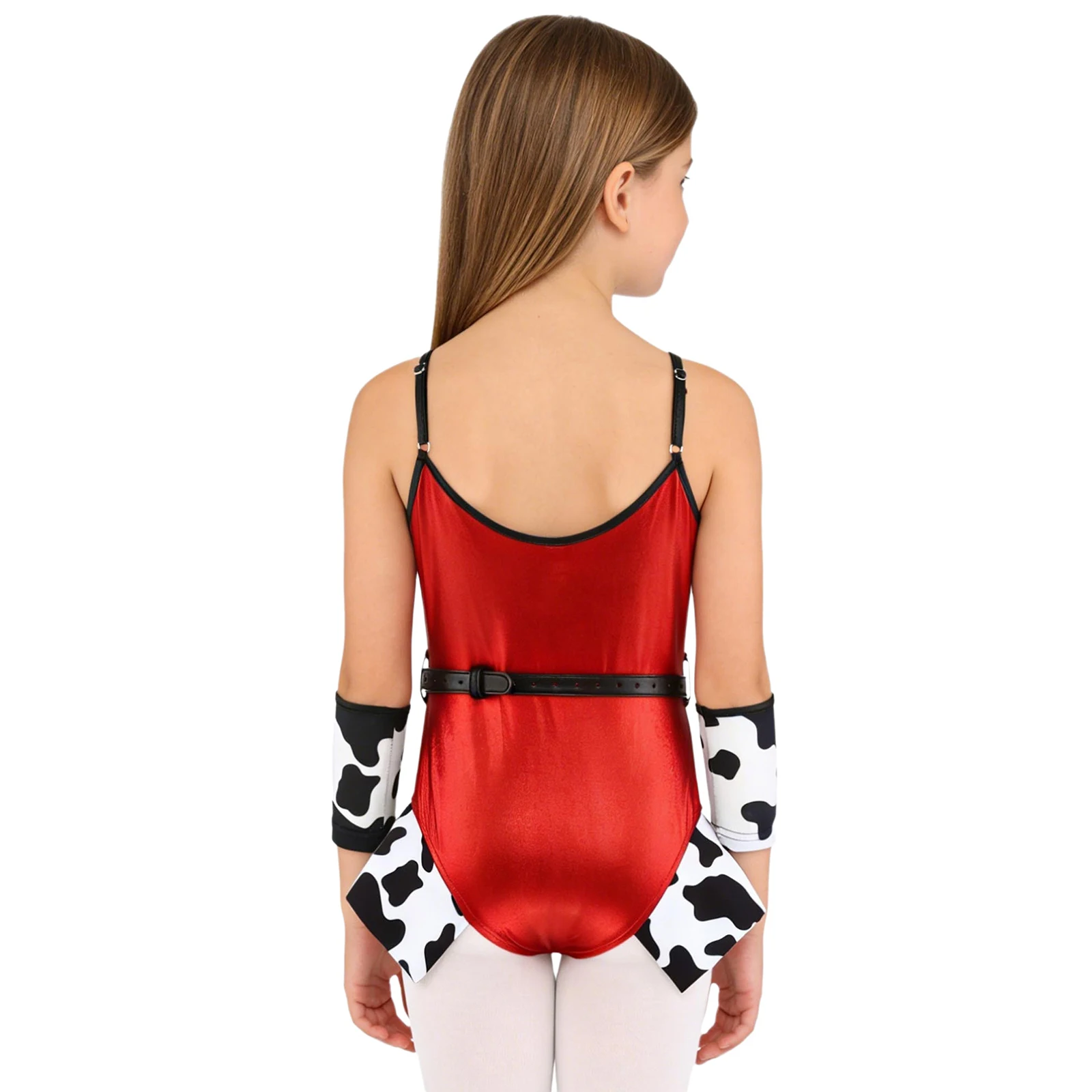 Kids Girls Western Cowgirl Costume Spaghetti Strap Metallic Cow Print Bodysuit with Arm Sleeves Theme Party Role Play Dress Up