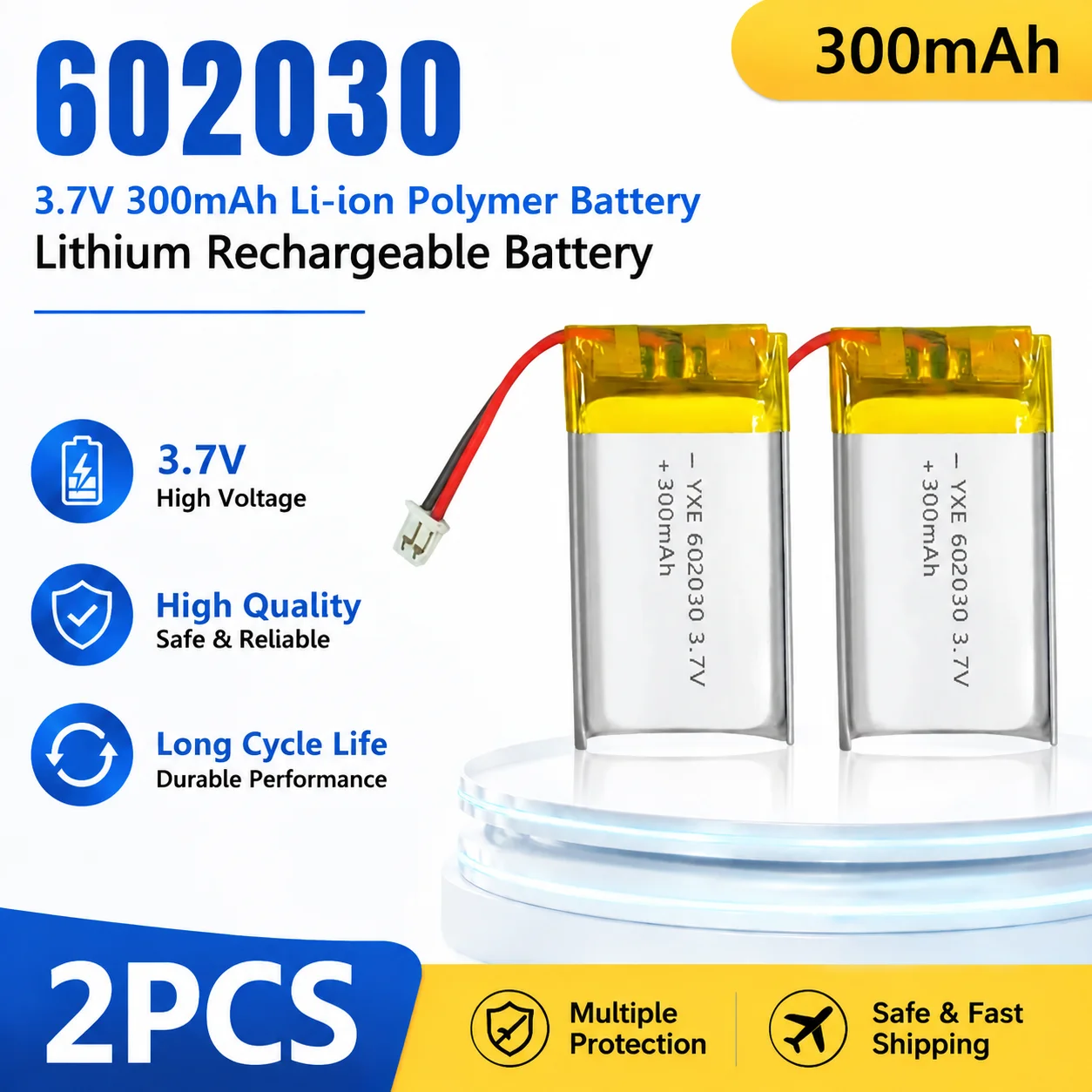 602030 3.7V 300mAh Lithium Rechargeable Battery PH2.0 Plug for Bluetooth Headset Speaker Monitor Self-Timer