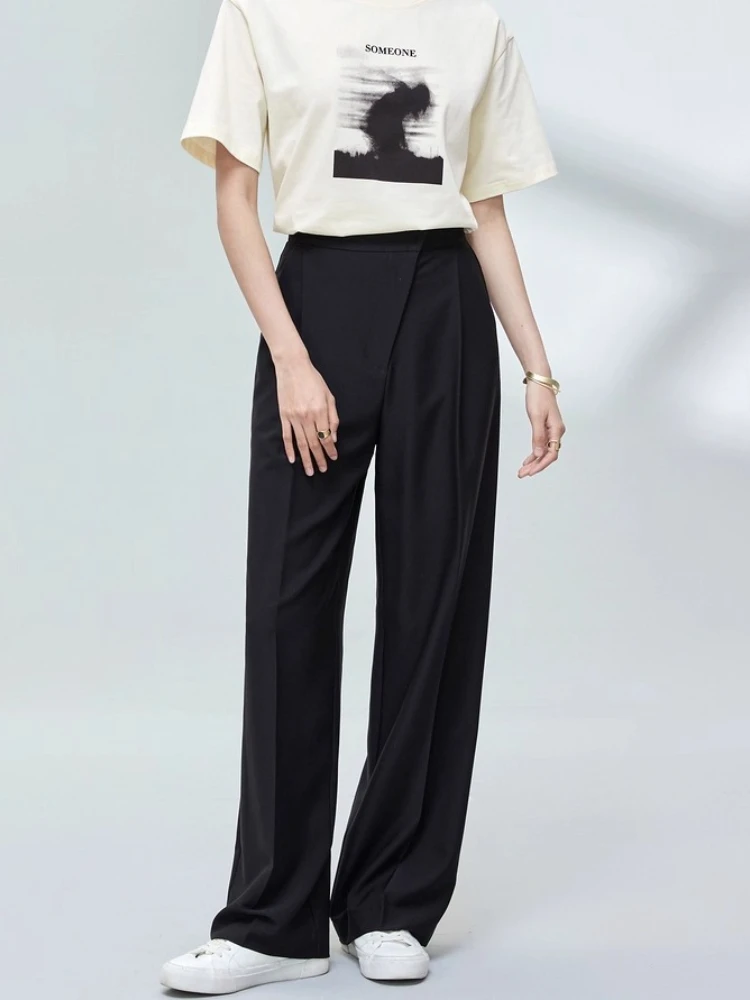 Sentubila Black Suit Pants For Women's Autumn High-waisted Straight Wide-leg Casual Pleated Tailored Trousers Design M32K48616