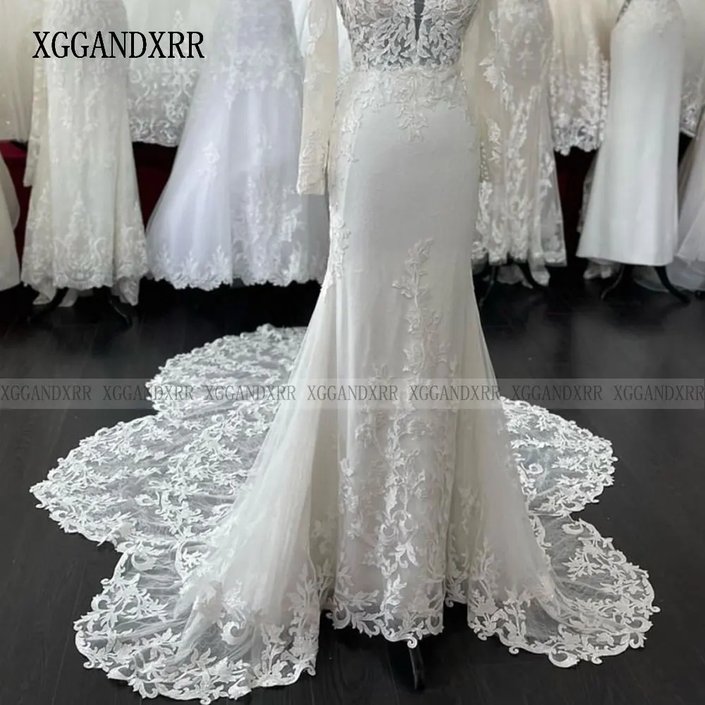 XGGandXRR Real Mermaid Wedding Dress 2023 V Neck Long Sleeves Ivory Lace Bridal Gown Chapel Train Bride Dress Button Custom Made