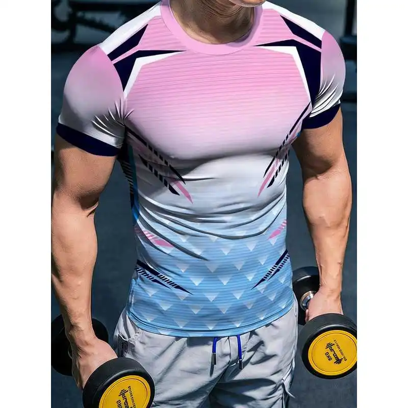 Men's High-Elastic Quick-Dry Powder Blue Gradient Fitness Short Sleeve Tech Triangle Geometric Print Compression Top Moisture-Wi