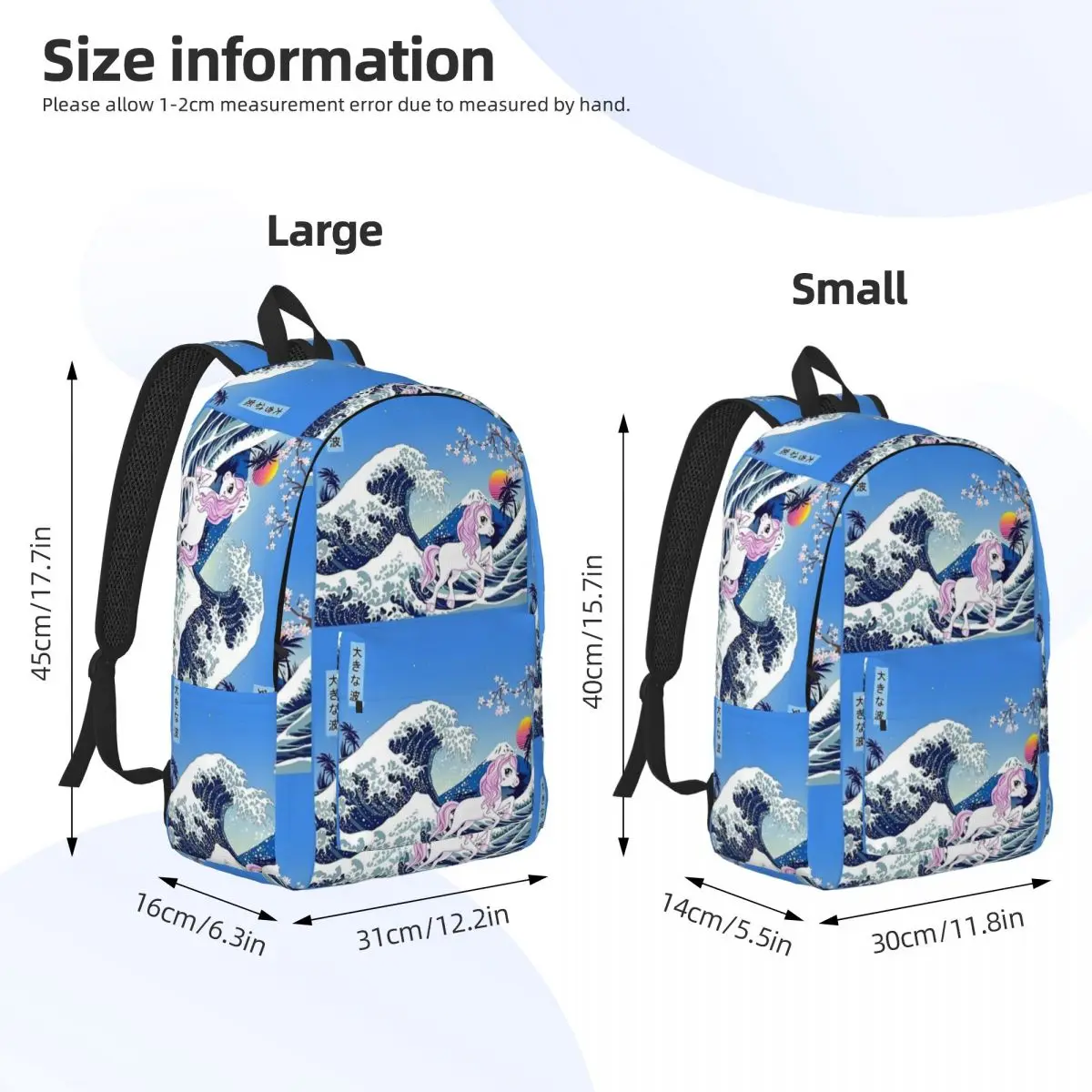 Unicórnio a grande onda kanagawa mochila para homens e mulheres, mochila para estudantes, arte japonesa, laptop, bolsa para computador, moda ao ar livre