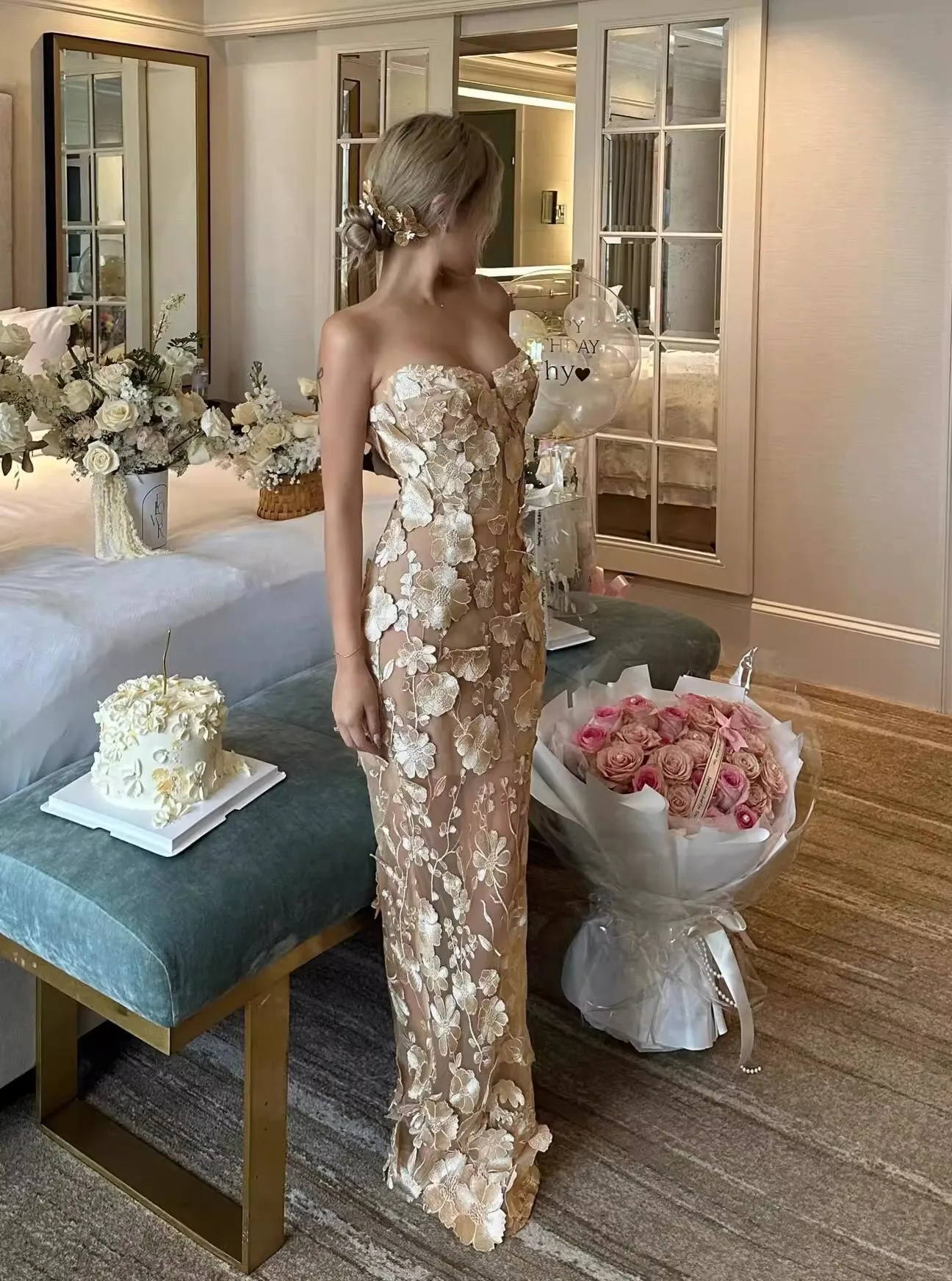 Sexy Champagen Prom Pageant Dress 2026 Sweetheart 3D Lace Appliques Sheath Evening Birthday Formal Gowns Vestidos De Dala