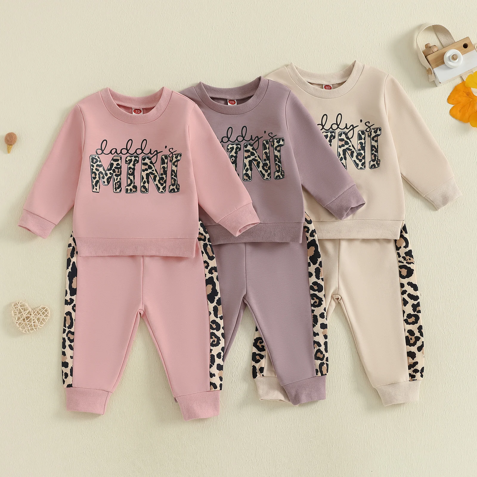 

0-3Y Toddler Girl Fall Outfits Letter Print Long Sleeve Sweatshirt + Elastic Waist Leopard Pants 2 Pcs Set