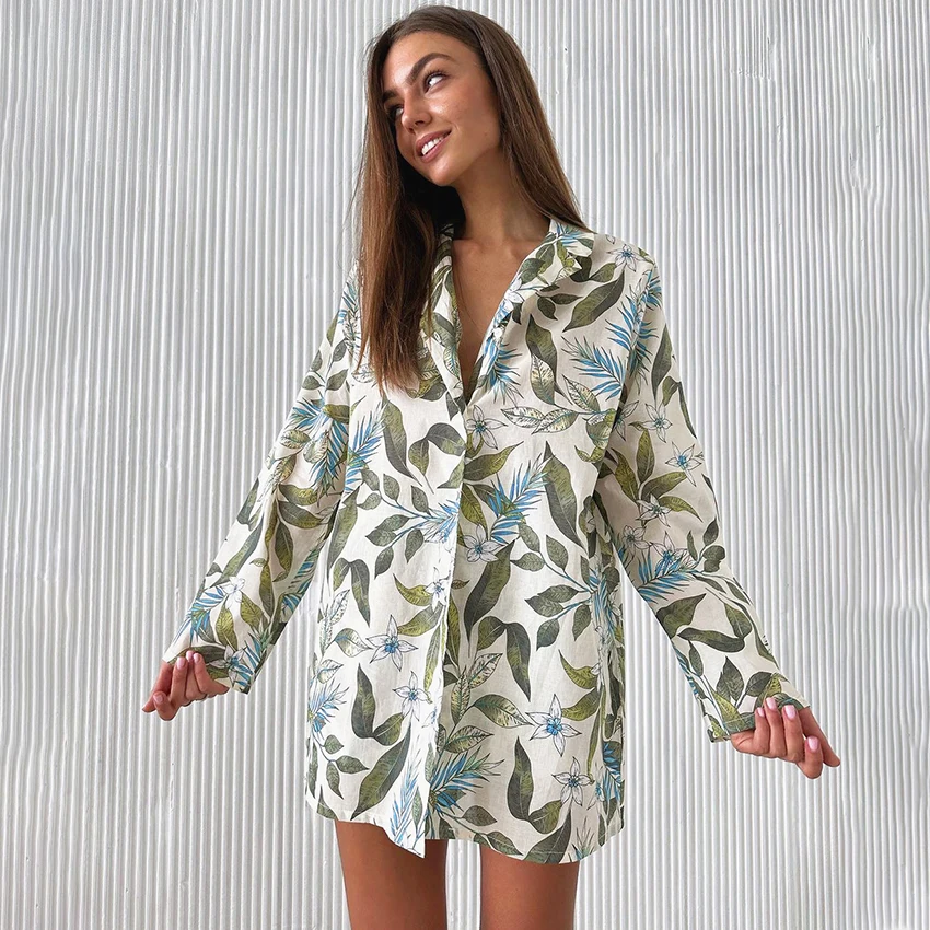 

Hiloc Summer Green Print Wide Leg Shorts Suits Home Short Sleeve Blouse Elastic Waist Shorts 2 Piece Sets 2025 Casual Outfits