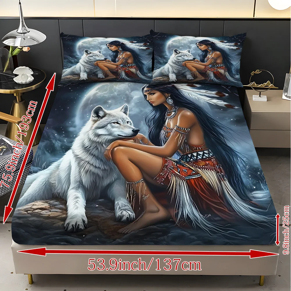 3Pcs Full Moon Wolf Pack Themed Bed Sheet Set, Soft, Comfortable, and Breathable Fitted Sheet and Pillowcase (Pillow Insert Not Included), 100% Polyester Fiber, Machine Washable, Suitable for All Seasons, Suitable for