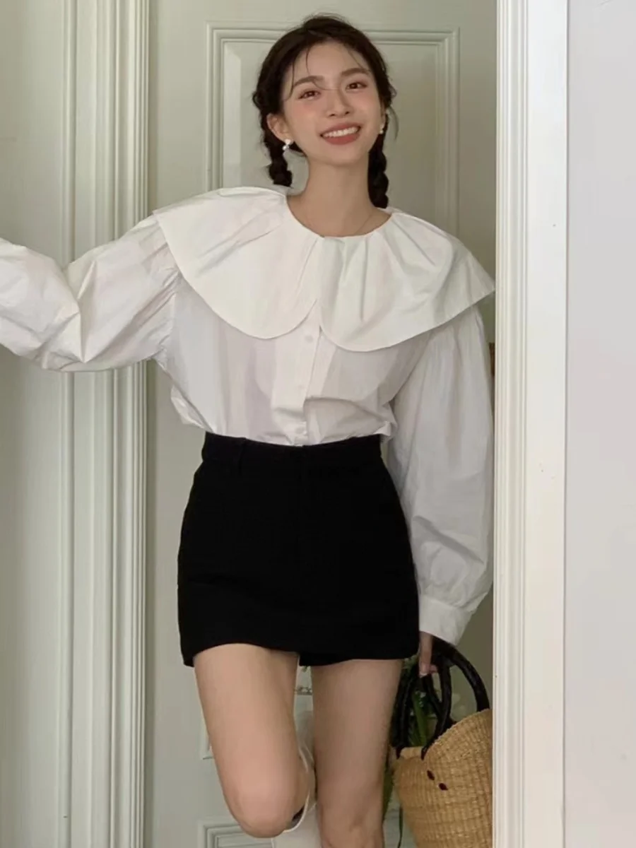 الفرنسية الأرجواني قميص بيتر بان Collarlace فانوس كم قمصان النساء ربيع الخريف طويلة الأكمام بلوزة الإناث واحدة الصدر