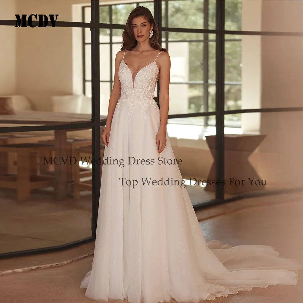 MCDV-vestidos de novia bohemios con cuentas, apliques con cuello en V, tirantes finos, sin espalda, corte en A, personalizado, 2026