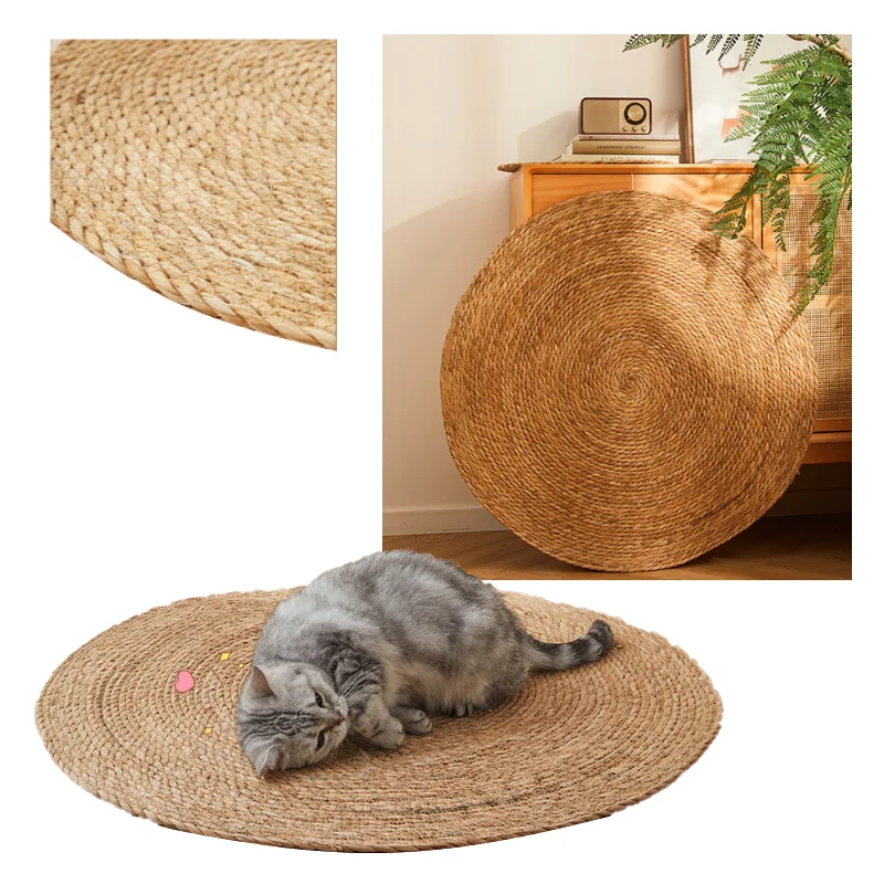 

Pet Cat Litter Round Hand Woven Rattan Cat Puppy Nest Summer Cooling Pad Kitten Scratching Mat Cotton Rope Washable