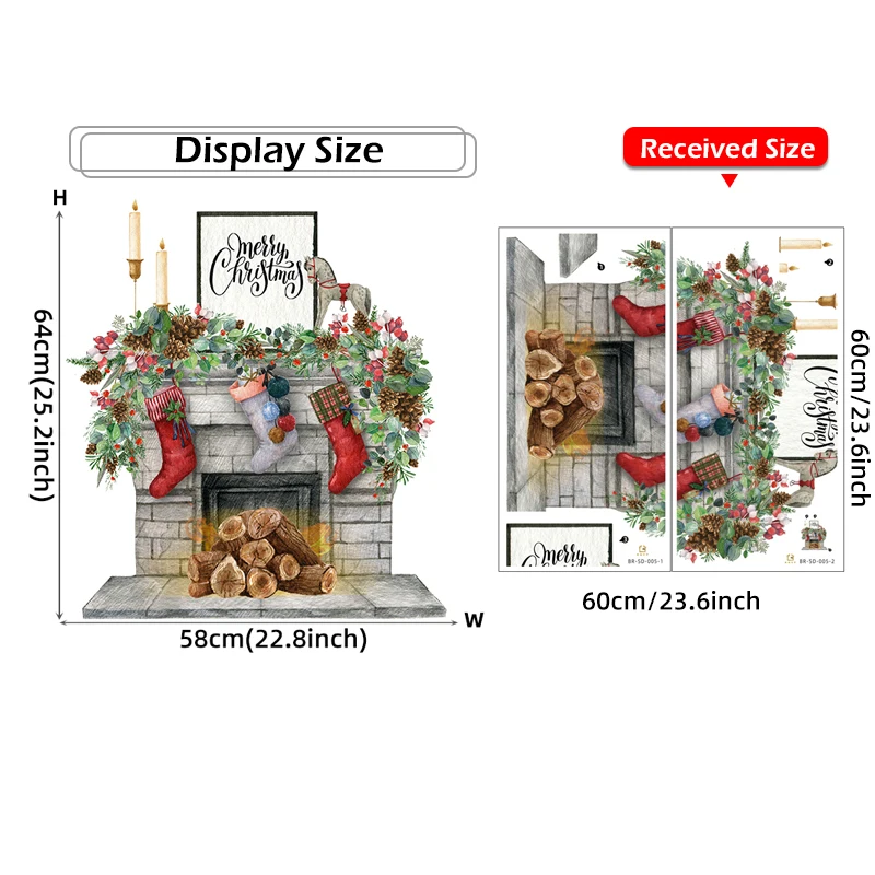 Merry Christmas Fake Fireplace with fire Christmas Gift Wall Stickers for Living Room Kitchen Room Home Decorative Sticker Decor