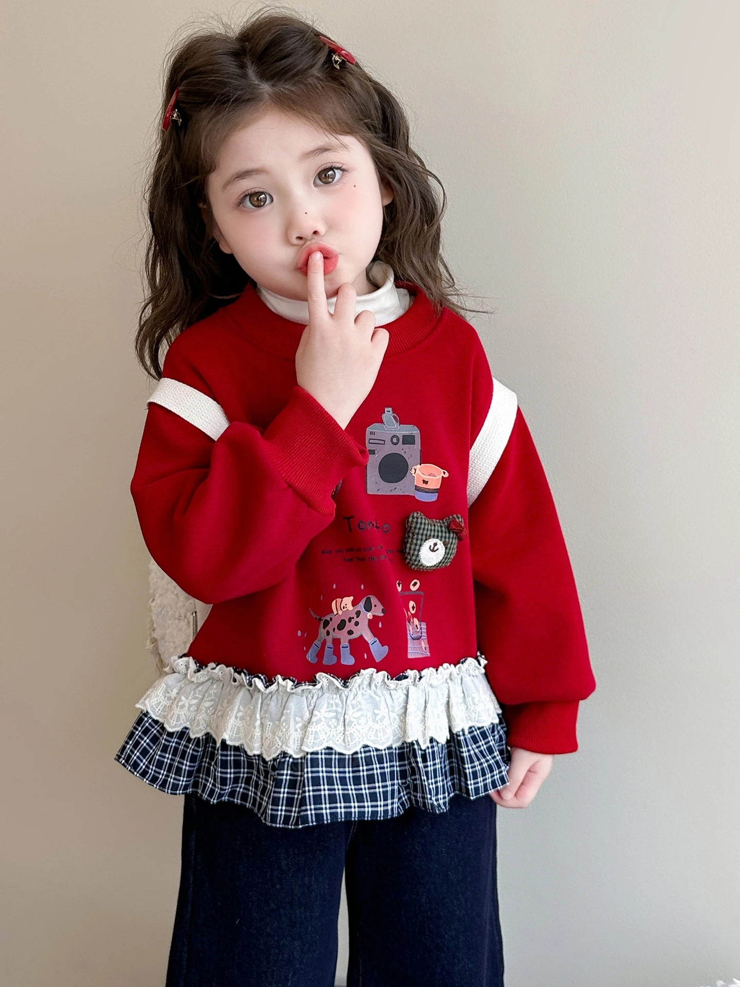 

Детская зимняя толстовка с капюшоном на флисовой подкладке, с мультяшным принтом и оборками, теплая, хлопковая, в корейском стиле