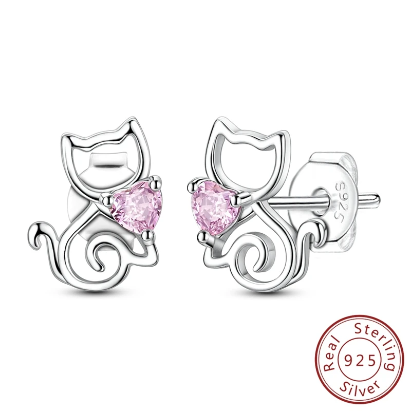 

Cute 100% 925 Sterling Silver Hollow Out Cat Holding Heart Stud Earrings For Girl's Exquisite Birthday Gifts