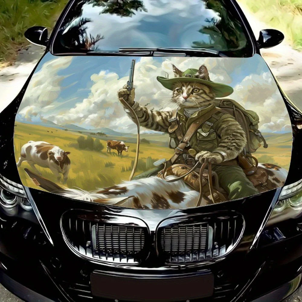 

Green field cute ride, cat's horseback adventure graphic car vinyl wraps, car hood graphic sticker, vinyl material makes your ca