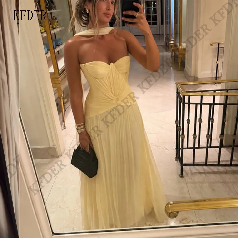 Elegant Yellow A Line Chiffon Evening Dress Sweetheart Evening Gown Sleeveless Pleat Floor Length Formal Party Dress Customized