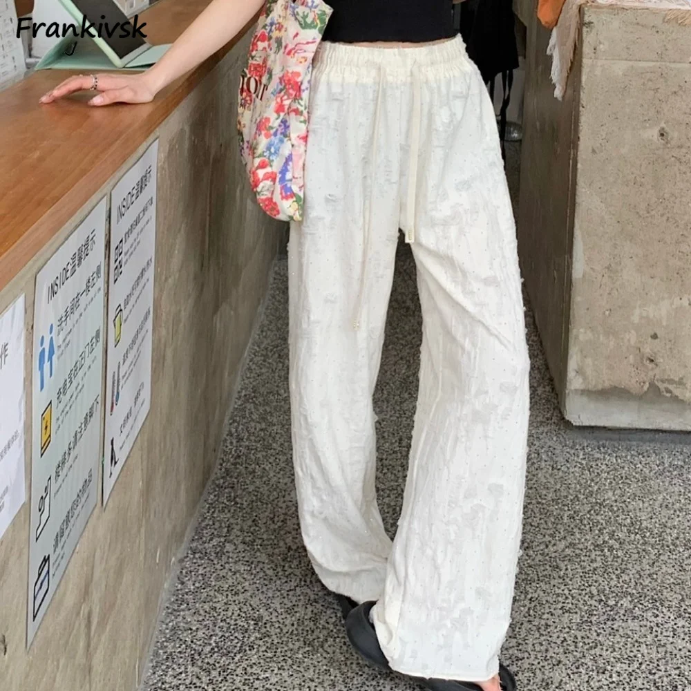 

Pants for Women Solid Drawstring Full-length Elastic Waist Straight Summer Breathable Shopping Casual Korean Style Youthful Cozy