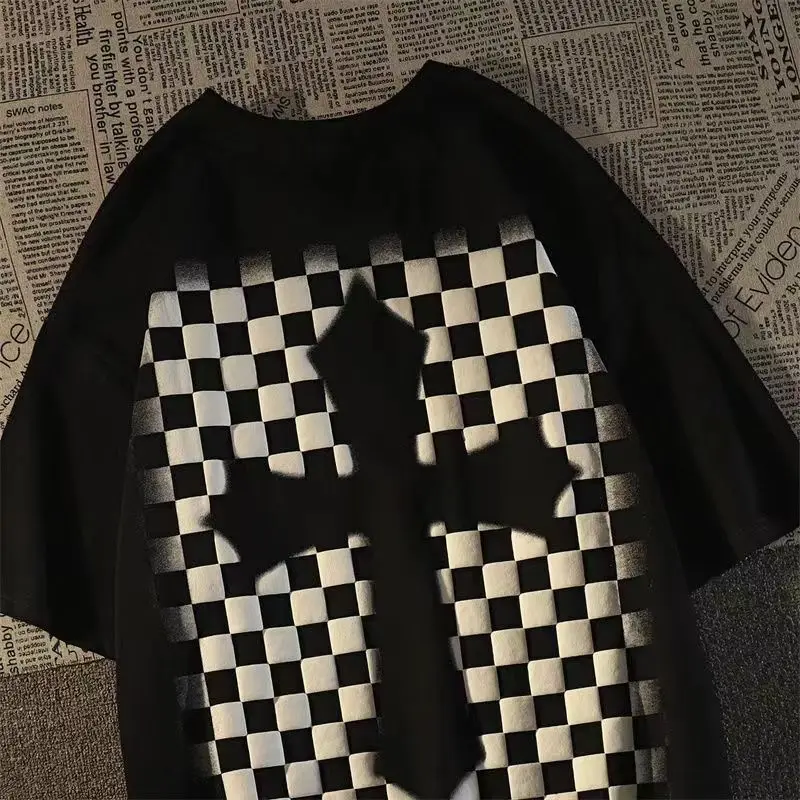 

100% Cotton Tide Brand American Cross Checkerboard Round Neck Short-sleeved T-shirt Men's and Women's Large Size Loose Couple