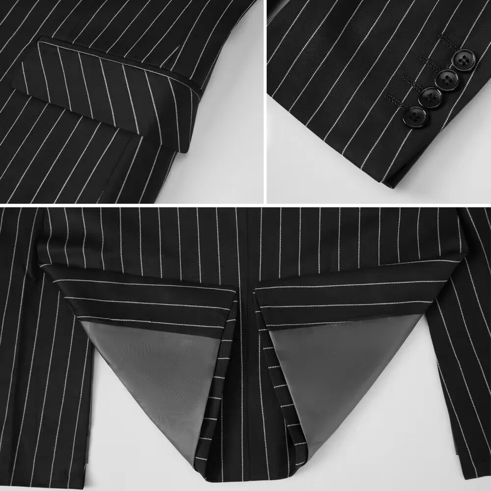 Navy Blue/Black Striped Men Suits Slim Fit Peak Lapel Double Breasted Wedding Groom Tuxedos 2 Piece Business Set (Jacket+Pants)