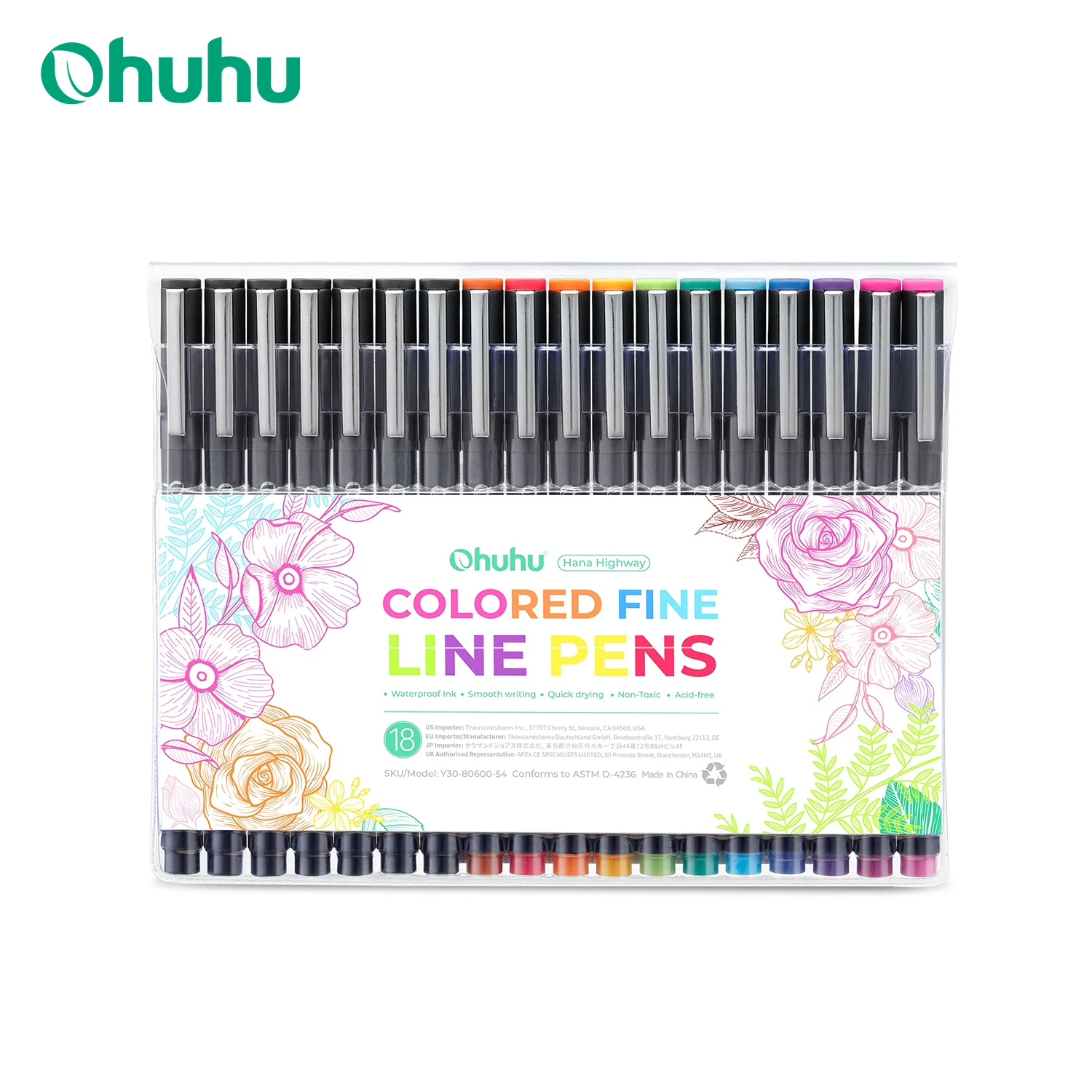 Ohuhu Hana Highway Fineliner Drawing Pens 18 Pack Art Colored Pens Micro Pens Waterproof for Drawing Sketching Writing Markers