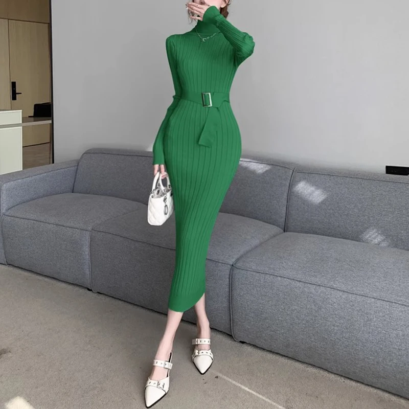 YuooMuoo Chic Fashion Sexy Package Hips Maxi Dress 2024 Jesienno-zimowa sukienka swetrowa z golfem i paskiem Lady Outfits Vestidos — zdjęcie 4