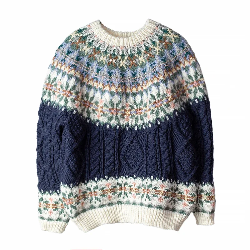 100-104cm Bust FallWinter Pullover Women Fair Isle Hand Knitted Vintage Pure Handmade Knitted Thick Warm 100%Wool Twists Sweater