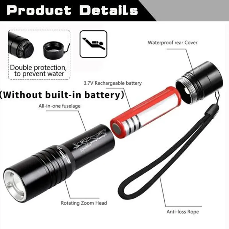 Led Torch Scuba Diving Flashlight 3 Modes Adjustable Focus Pocket Torch Diving Underwater 100M