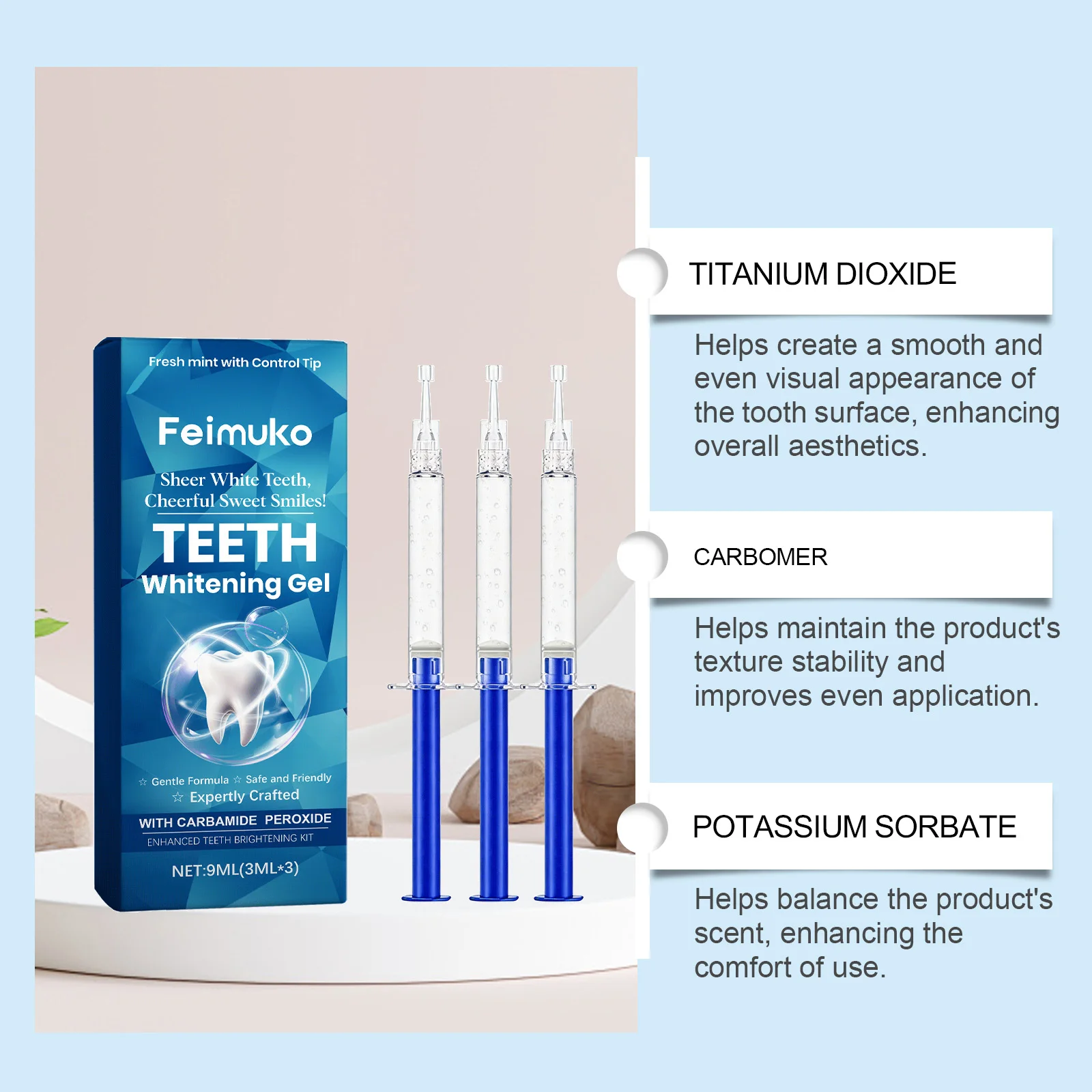 Feimuko Teeth Whitening Gel 3Pcs Set Fresh Mint Gentle Formula Home Dental Brightening Gel For Tooth Stain Removal
