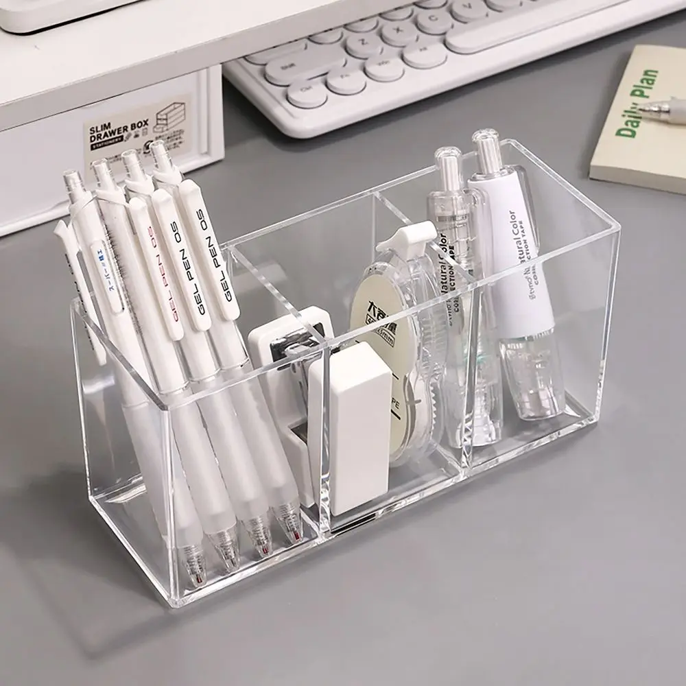 Transparent Stationery Storage Pen Holder Transparent 3 Grids Pen Acrylic Storage Box Large Capacity Pencil Container Students