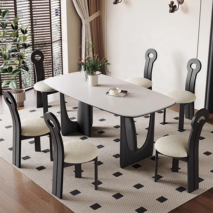 # French Retro Luxury Solid Wood Table Legs Rectangle Table Sintered Stone Marble Designer Restaurant Furniture
