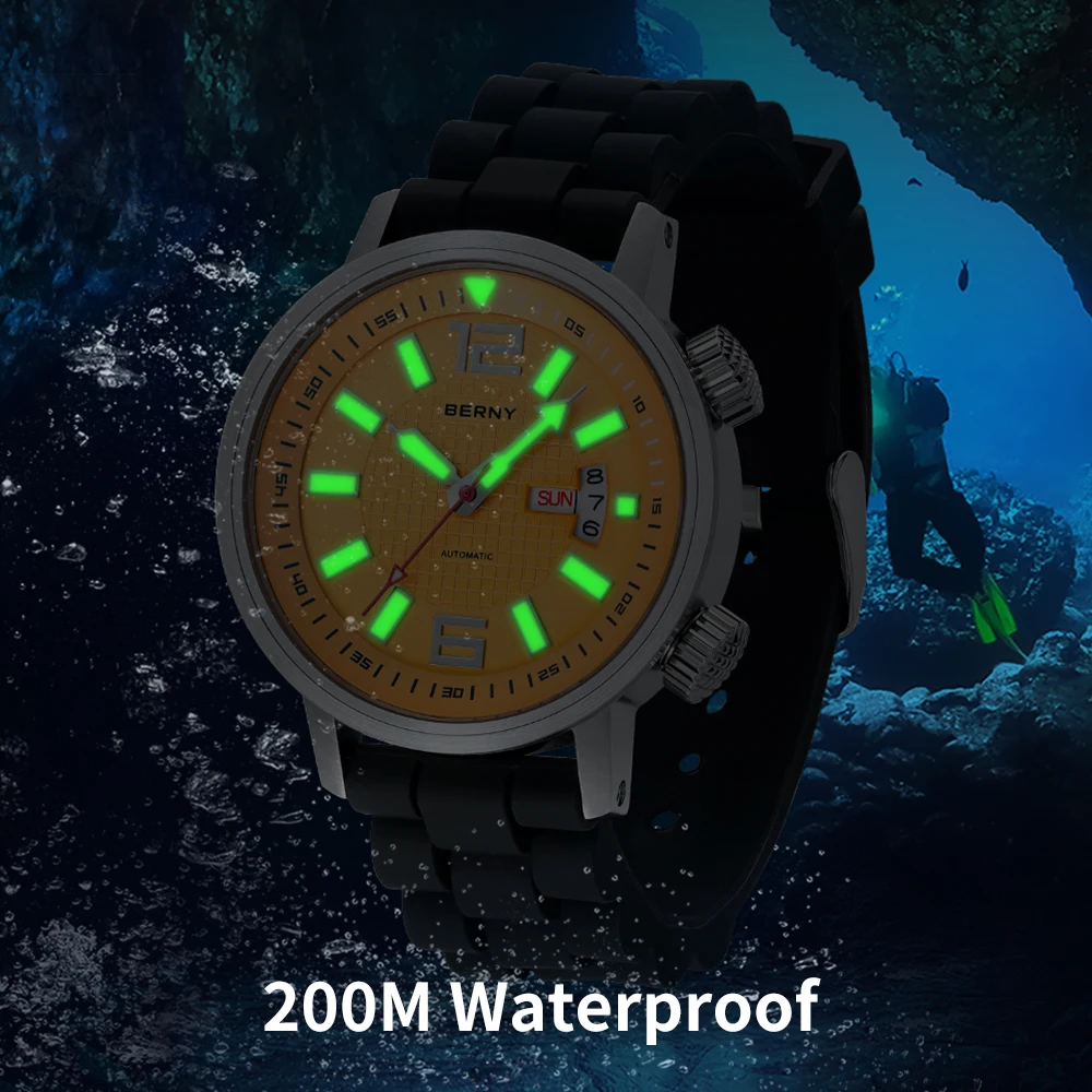 20ATM Diver Automatic Watch for Men Swim Mechanical Wristwatch Calendar Super Luminous Sapphire Lens Sport Watch Men Waterproof