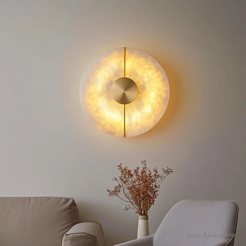 Modern Creative Marble Wall Lamp Alabaster Moon Living Room Gold Copper Home Indoor Decoration LED Sconce Bedroom Bedside Lamp