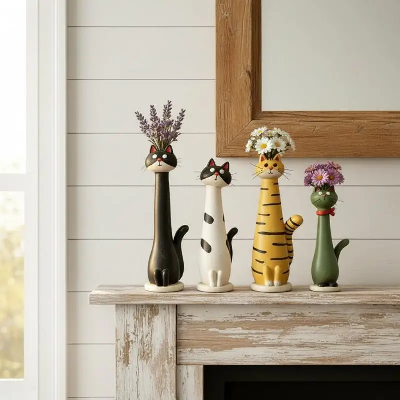 Cat Shaped Resin Vase 1PC Long Neck Cute Cat Ornament Flower Container Ideal for Home Desk Decorative Use