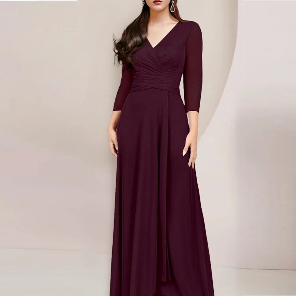

A-Line Mother of the Bride Dresses 2023 V-neck Chiffon Wedding Guest Gowns Floor Length Ruching Dress Women for Wedding Party