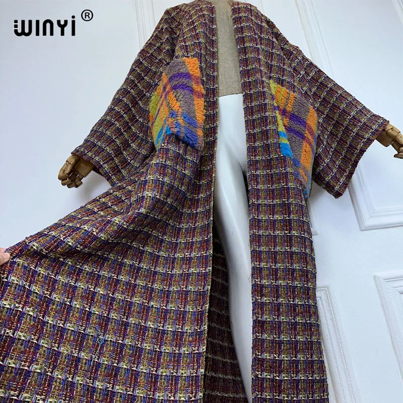 WINYI kimono long down cardigan winter Pocket coat for women abaya dubai luxury Middle East maxi dresses womens kaftan