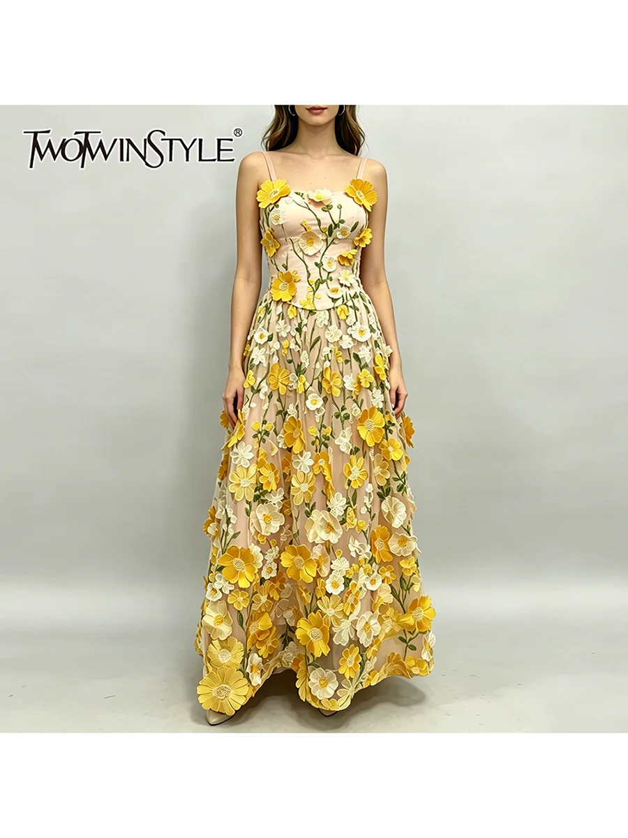 TWOTWINSTYLE Colorblock Spliced Floral Embroidery Slim Fit Dress for Women Squre Neck Sleeveless Patchwork Mesh Dresses Female