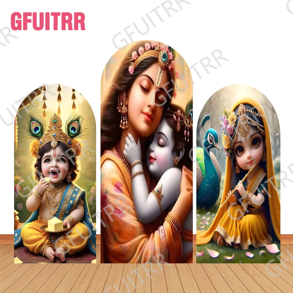 Yasodha and Krishna Arch Backdrop Indian Theme Baby Shower Decor Birthday Party Photography Backdrop Double-side Zipper Covers