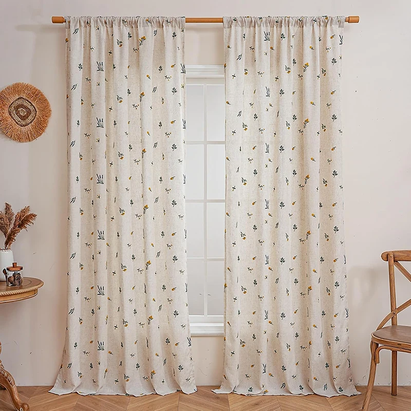 Cotton Linen Curtains Boho Daisy Embroidered Farmhouse Window Beige Floral Rod Pocket Drapes Light Filtering Living Room Bedroom