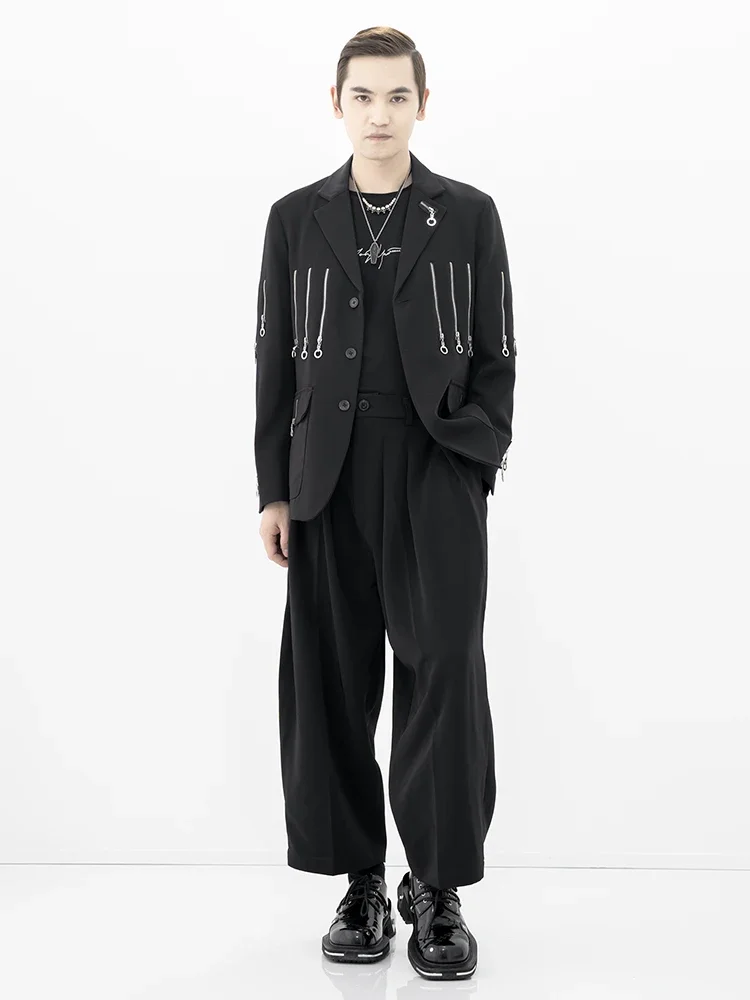 

Men's Black Loose Casual Suit Jacket Spring New Style Personalized Multi Zipper Decorative Stitching Loose Large Versatile Suit