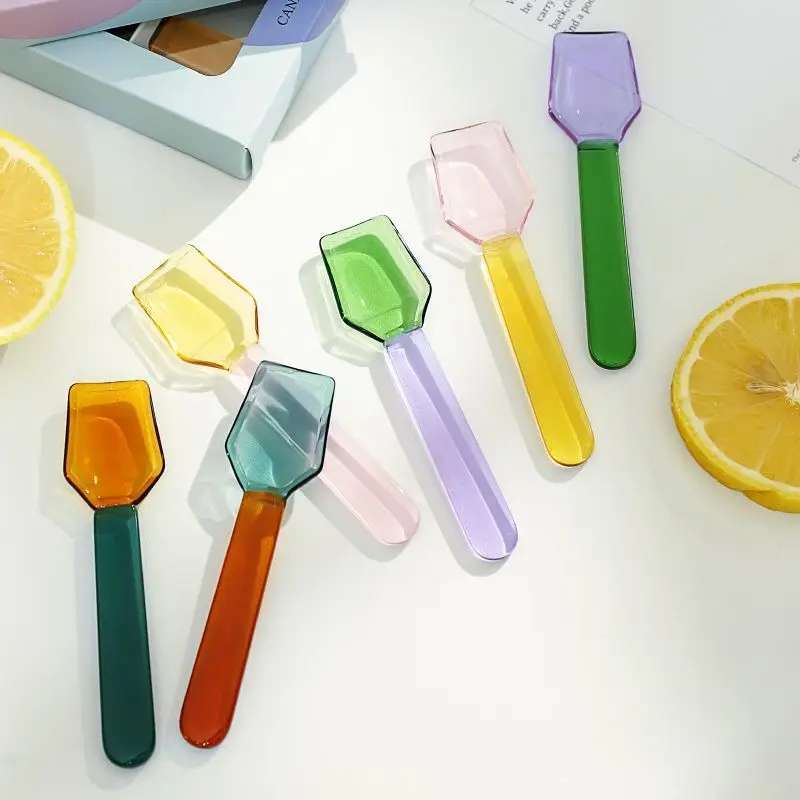 Color Glass Spoon Dessert Ice Cream Salad Handled Spoon Coffee Soup Stirring Spoon High boric acid heat and cold resistanc