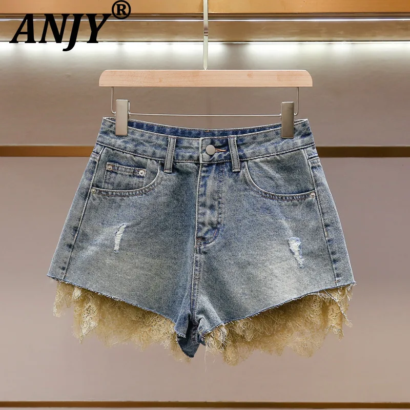 ANJY Spring Summer New Women High-end French Style Chic Design Lace Patchwork Denim Shorts Fashion Straight Leg Hot Pants A28537