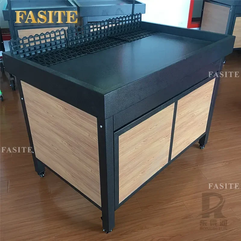 For Supermarket Wood Grain Metal Vegetable Fruit Display Rack Steel Wood Structure Store Shelf High Capacity Durable