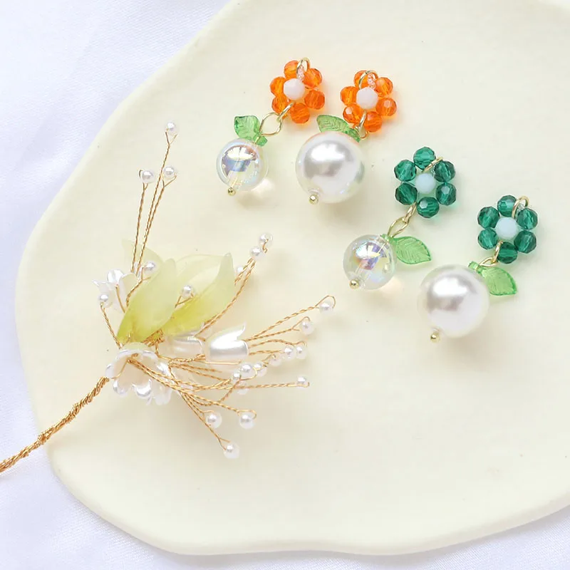 1pcs Fairy Ancient Style Pearl Woven Crystal Flower Pendant Diy Handmade Jewelry Earrings Hairpin Accessories Material Charms